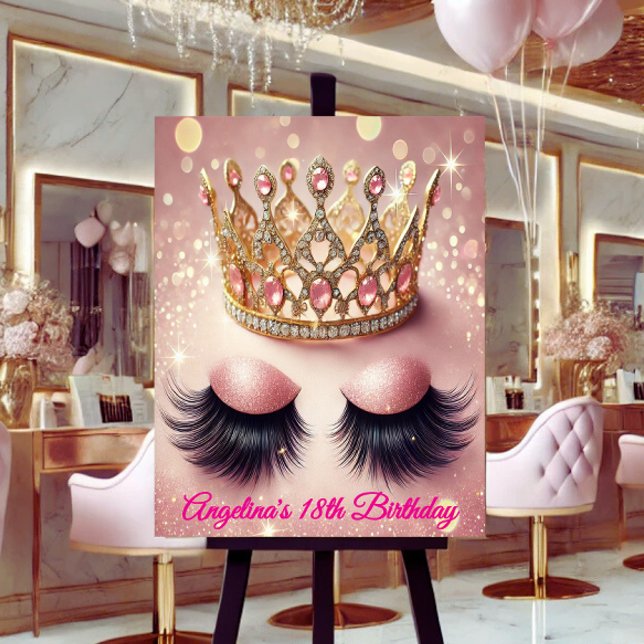 Poster de la Couronne Parties scintillant rose (Custom glam fit for a queen—personalize this luxe crown & lashes poster your way!)