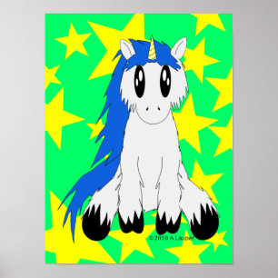 Poster de la licorne Cute Scruffy (bleu)