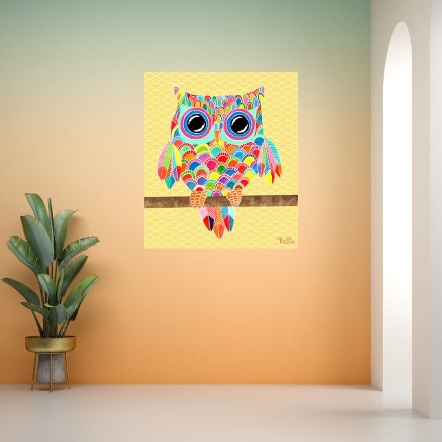 Poster de la salle des filles de l'Arc-en-ciel (Pip Pip Hooray Rainbow Owl Art Illustration on Poster Print, shown as example on a room wall)
