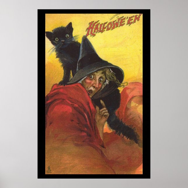 Poster De La Sorcière D'Halloween Et Du Chat Noir (Devant)