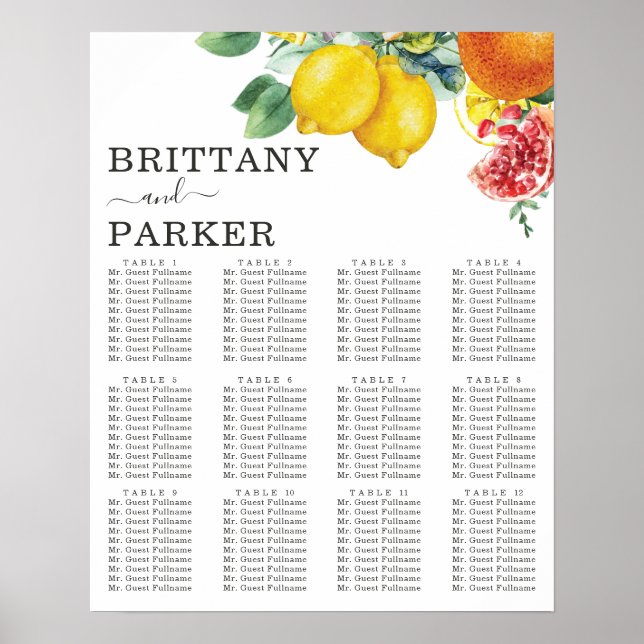 Poster de la table de Mariage personnalisée Citrus (Devant)