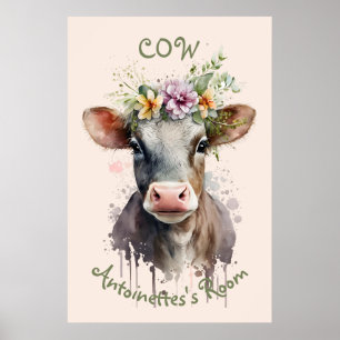 Poster de la vache à l'aquarelle mignonne