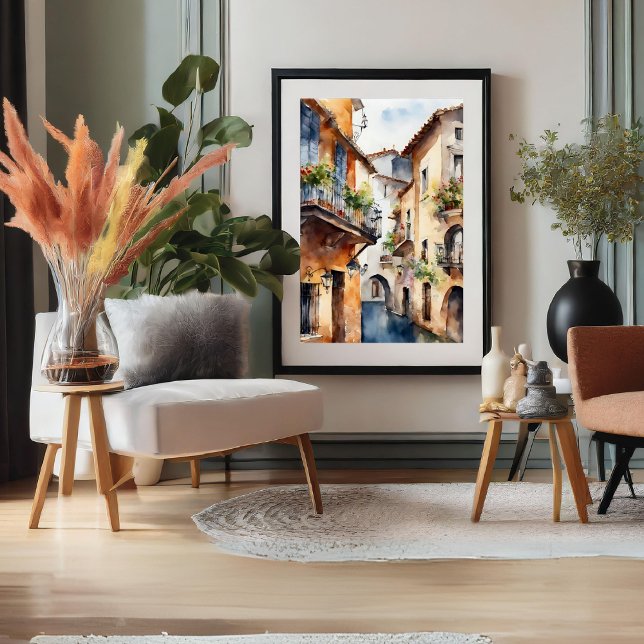 Poster de l'aquarelle espagnole Little Old Town (Spanish Little Old Town Watercolor Poster)