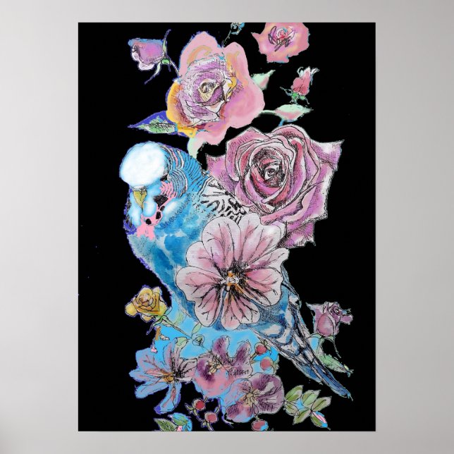 Poster de l'art de l'aquarelle noire Blue Budgie R (Devant)
