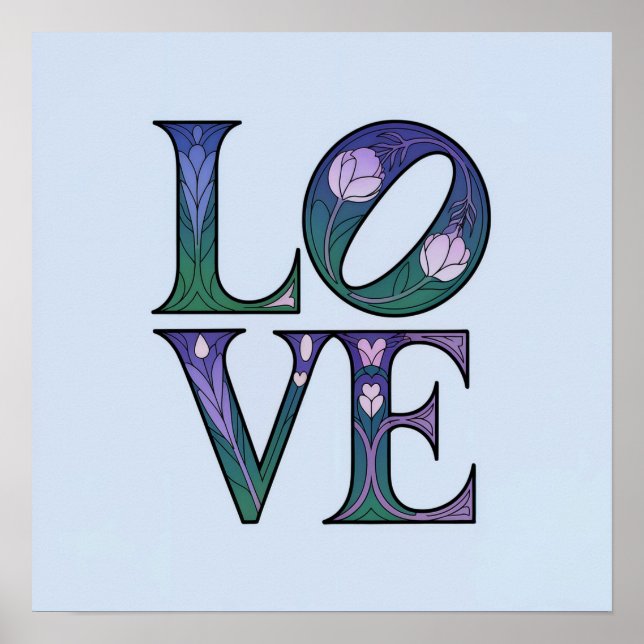 Poster de l'Art nouveau bleu LOVE (Devant)
