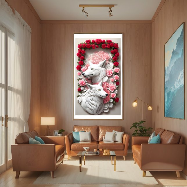 Poster de loup 3D orné de roses rouges (Créateur téléchargé)