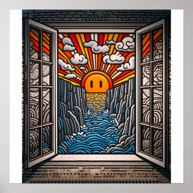 Poster De ma fenêtre : Coucher de soleil et falaise 2 (Devant)