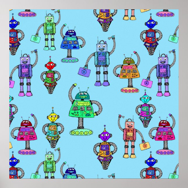 Poster De mignons robots colorés sur arrière - plan bleu (Devant)