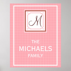 Poster de monogramme de famille - Chèque rose