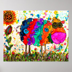 Poster de moutons mignon et coloré - 10" x 8"