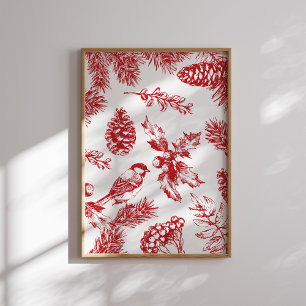 Poster de Noël d'oiseaux et de pins en toile rouge