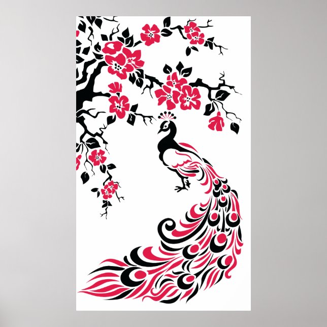 Poster de paon rouge noir et fleurs de cerisiers (Devant)