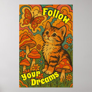 Poster de papillon Retro Psychedelic Kitten à rega