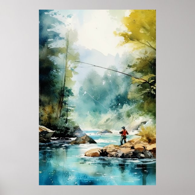 Poster de pêche à la mouche Aquarelle - Pêche Wall (Devant)