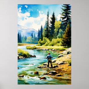 Poster de pêche à la mouche Aquarelle - Pêche Wall