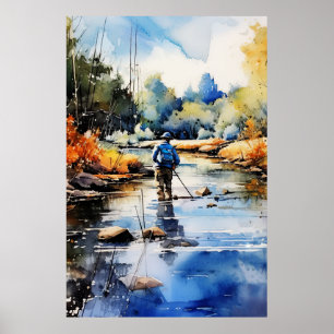 Poster de pêche à la mouche Aquarelle - Pêche Wall