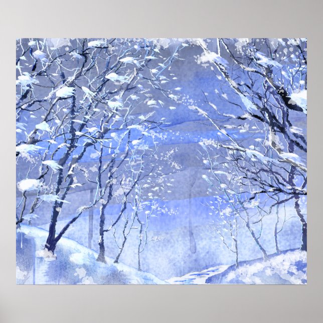 Poster de peinture à l'aquarelle Noël Woods hiver (Devant)