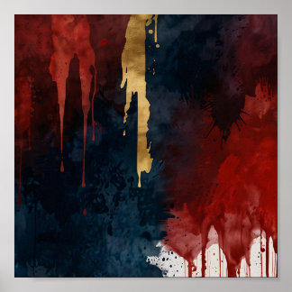 Poster de peinture à l'huile rouge, or et bleu en 