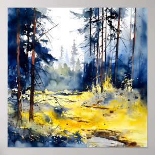 Poster de peinture de la forêt jaune bleu