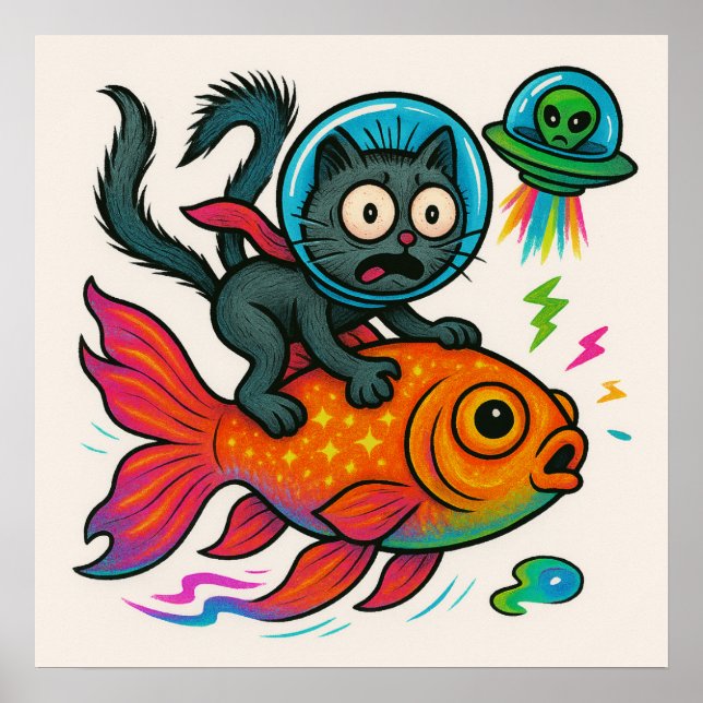 Poster de poisson de l'équitation de chat Space (Devant)