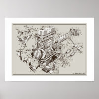 Poster de schéma du moteur MG "TF" - OffWhite