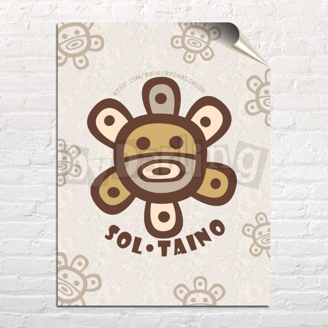 Poster de téléchargement Taino Sun Porto Rico Wall (Taino Sun Puerto Rico Wall Art Poster Digital Download to Print over a white brick wall)