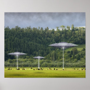 Poster de trois ovnis avec champ de vaches