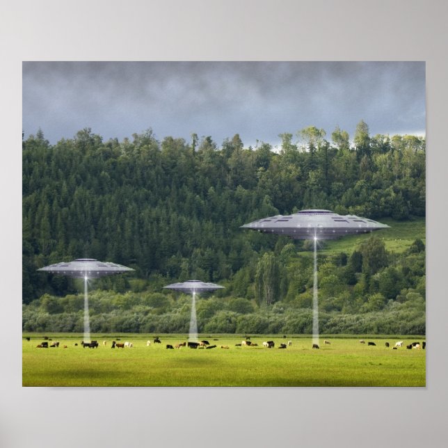 Poster de trois ovnis avec champ de vaches (Devant)