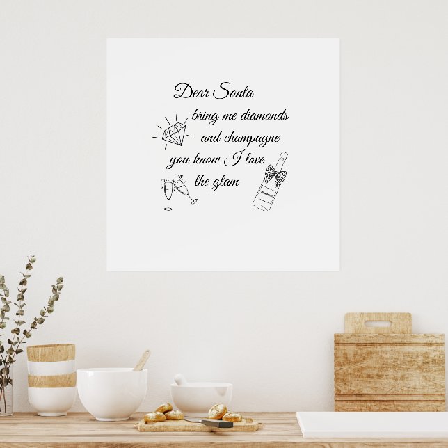 Poster Dear Santa Champagne & Diamonds Line Art Design (Cuisine)
