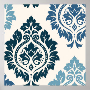Poster Décor Damask Art I Blues on Cream