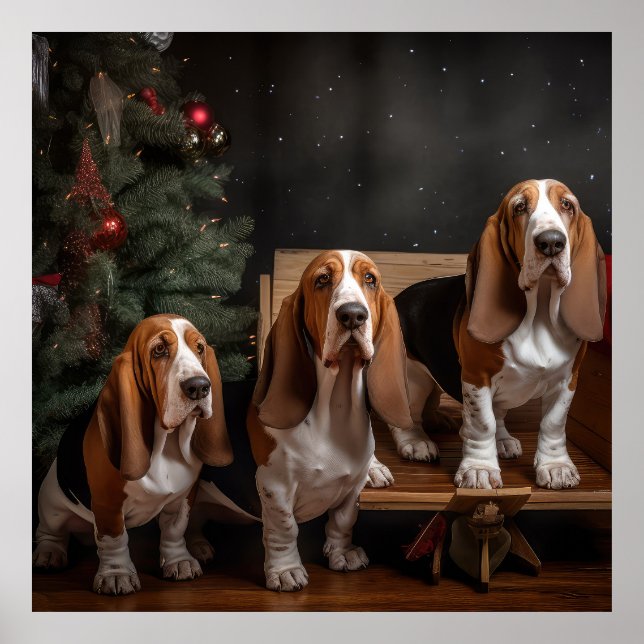Poster Décor de Noël Basset Hound Snowy Sleigh (Devant)