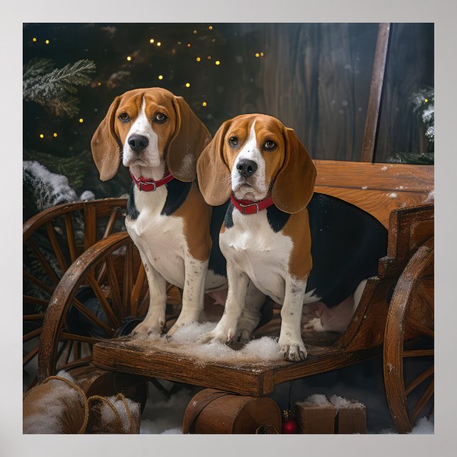 Poster Décor de Noël beagle Snowy Sleigh (Devant)