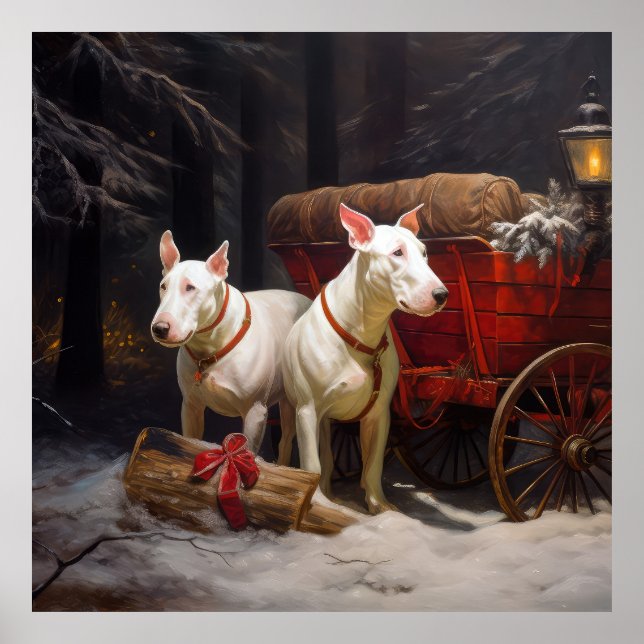 Poster Décor de Noël Bull Terrier Snowy Sleigh (Devant)