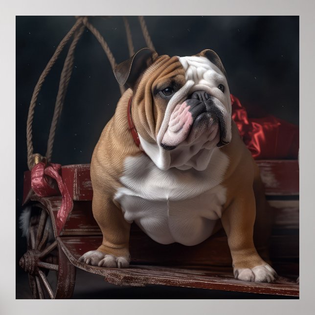 Poster Décor de Noël Bulldog Snowy Sleigh (Devant)