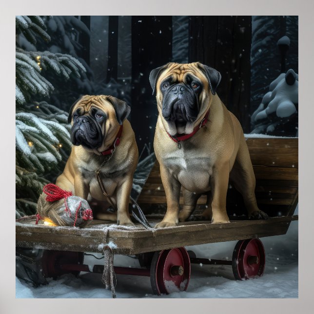 Poster Décor de Noël Bullmastiff Snowy Sleigh (Devant)