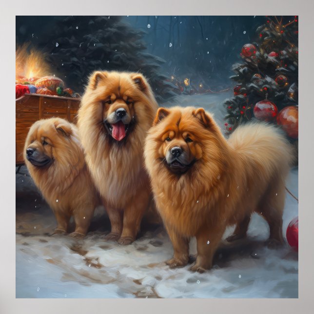 Poster Décor de Noël Chow Chow Snowy Sleigh (Devant)