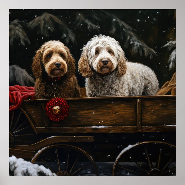 Poster Décor de Noël Cockapoo Snowy Sleigh (Devant)