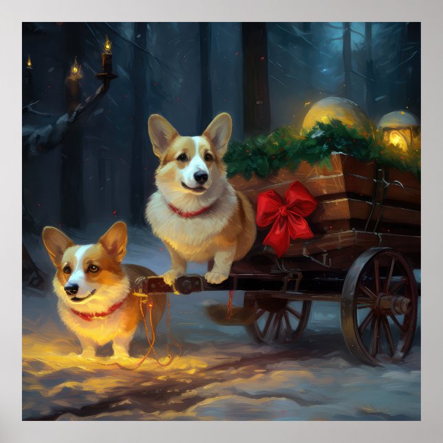 Poster Décor de Noël Corgi Snowy Sleigh (Devant)