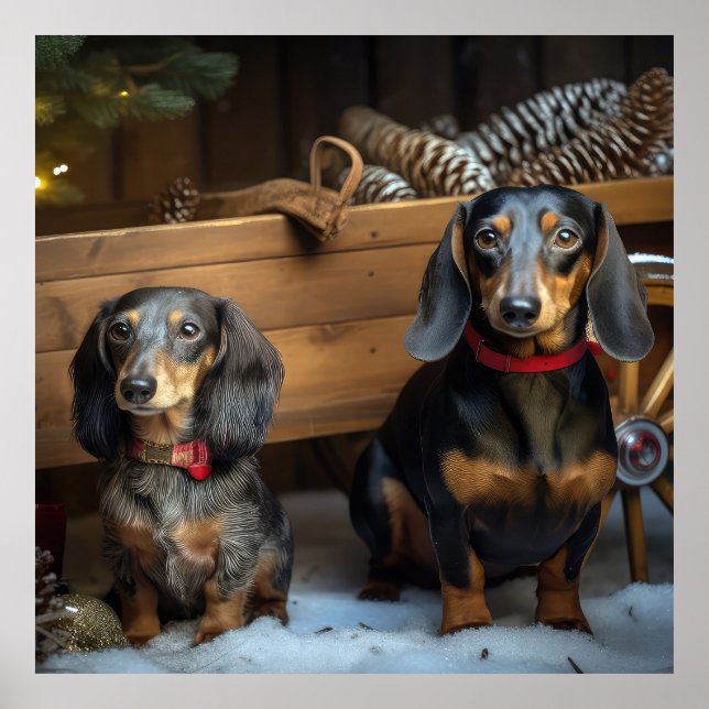 Poster Décor de Noël Dachshund Snowy Sleigh (Devant)