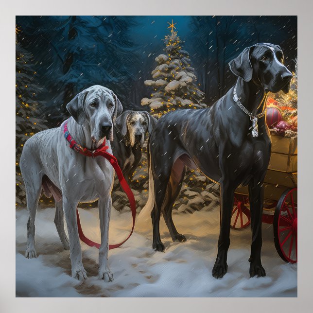 Poster Décor de Noël du grand Dane Snowy Sleigh (Devant)