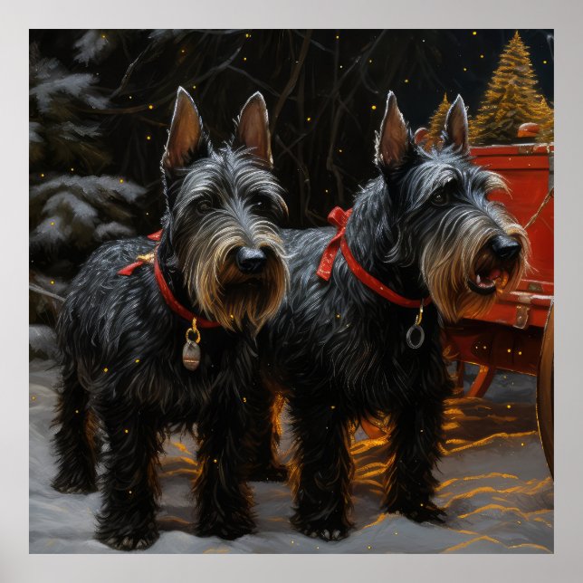 Poster Décor de Noël écossais Terrier Snowy Sleigh (Devant)