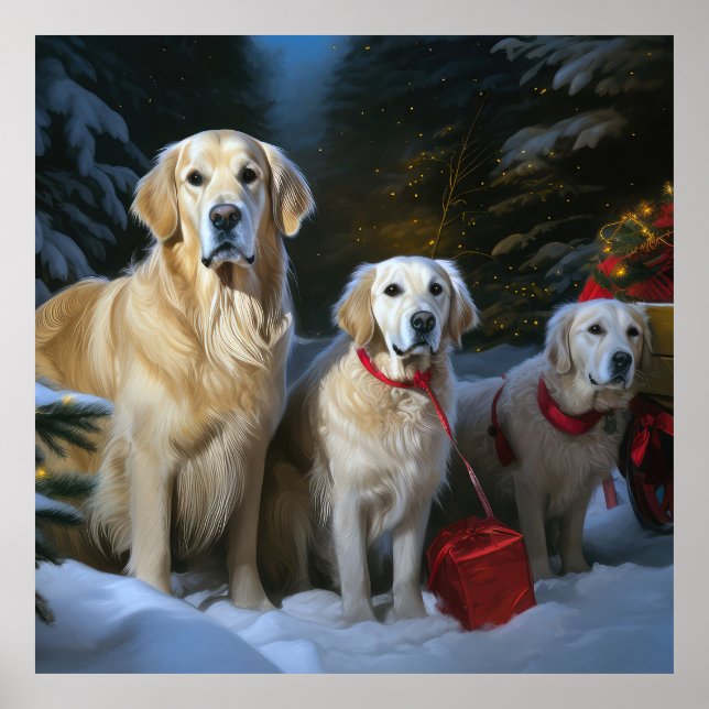 Poster Décor de Noël Goldendoodle Snowy Sleigh (Devant)