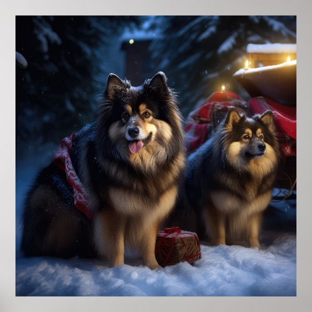 Poster Décor de Noël Lapphund Snowy Sleigh (Devant)