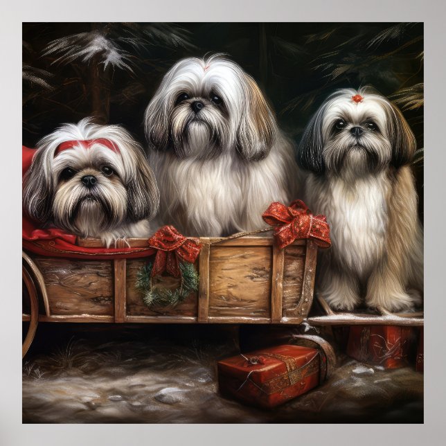 Poster Décor de Noël Lhasa Apso Snowy Sleigh (Devant)