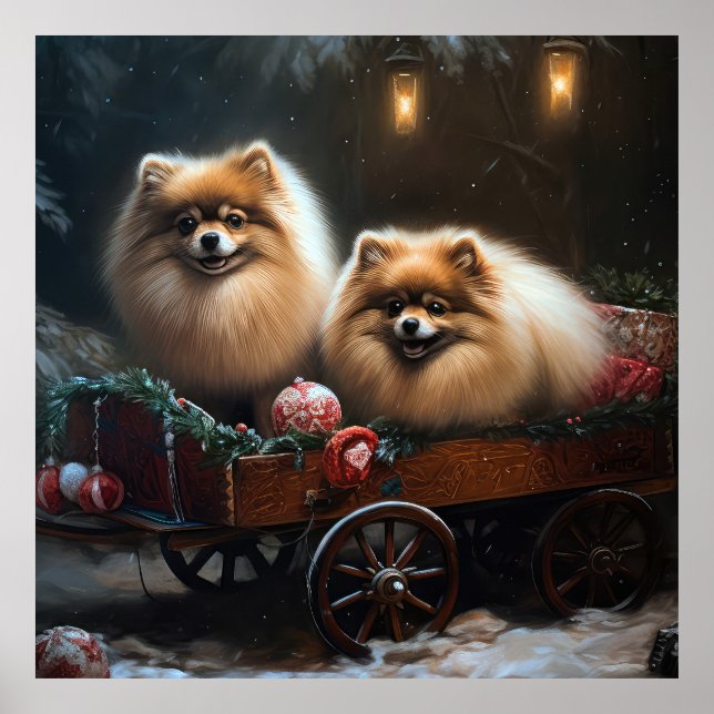 Poster Décor de Noël Poméranien Snowy Sleigh (Devant)