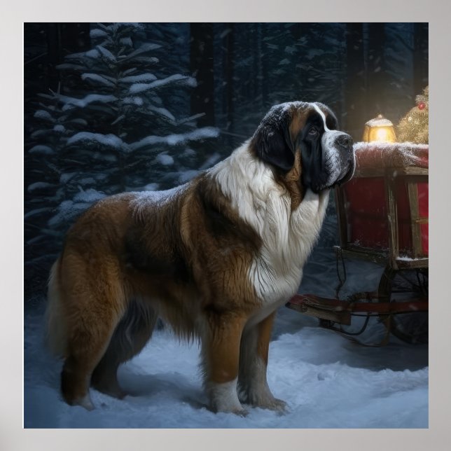 Poster Décor de Noël Saint Bernard Snowy Sleigh (Devant)