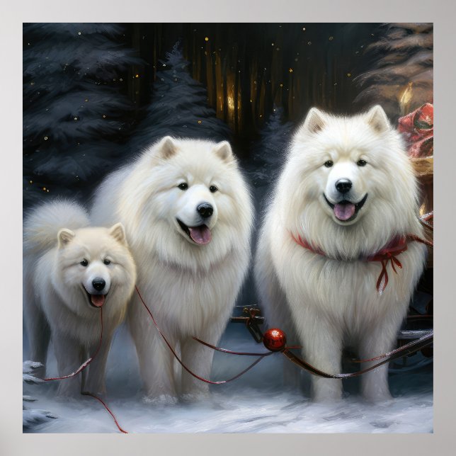 Poster Décor de Noël Samoyed Snowy Sleigh (Devant)