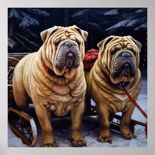 Poster Décor de Noël Shar Pei Snowy Sleigh (Devant)