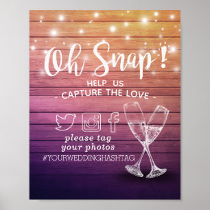 Poster Décor mariage Snap Hashtag Champagne Verres Bois