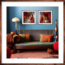 Décor marocain Chambre rouge bleu or orange